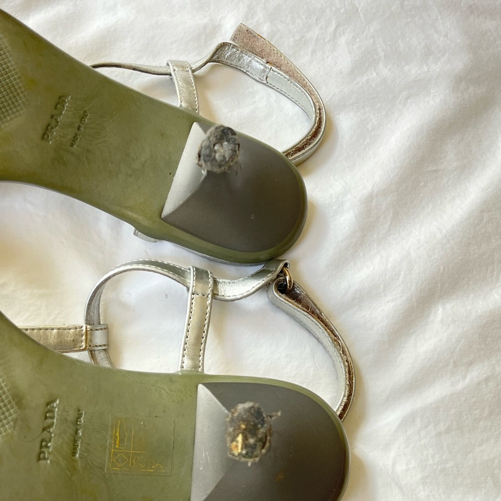 Prada Silver T-Strap Low Heeled Sandals Velcro Closure 8.5 39 - Picture 7 of 7